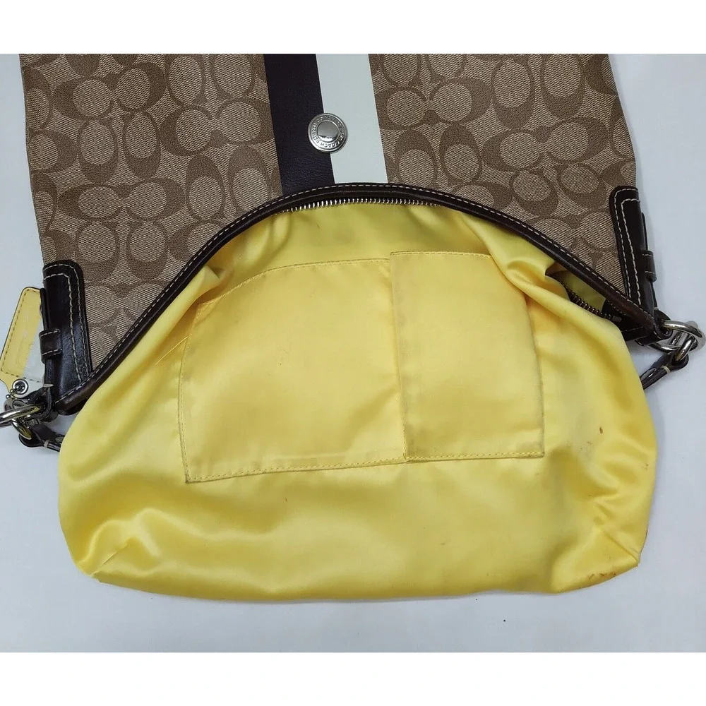 Coach Signature Brown Leather Heritage Strip Zipper Hobo Shoulder Bag